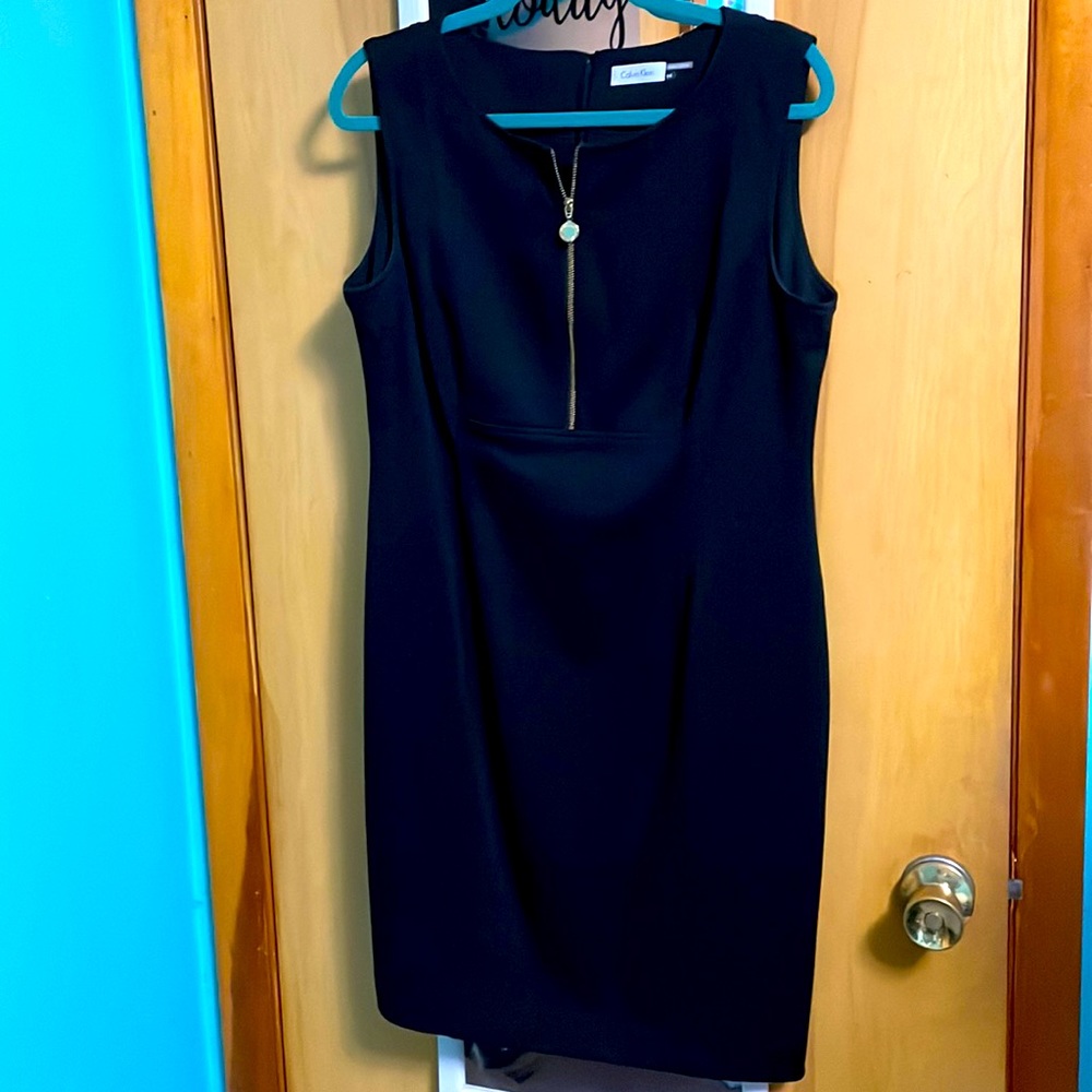 Calvin Klein black dress with gold zipper.